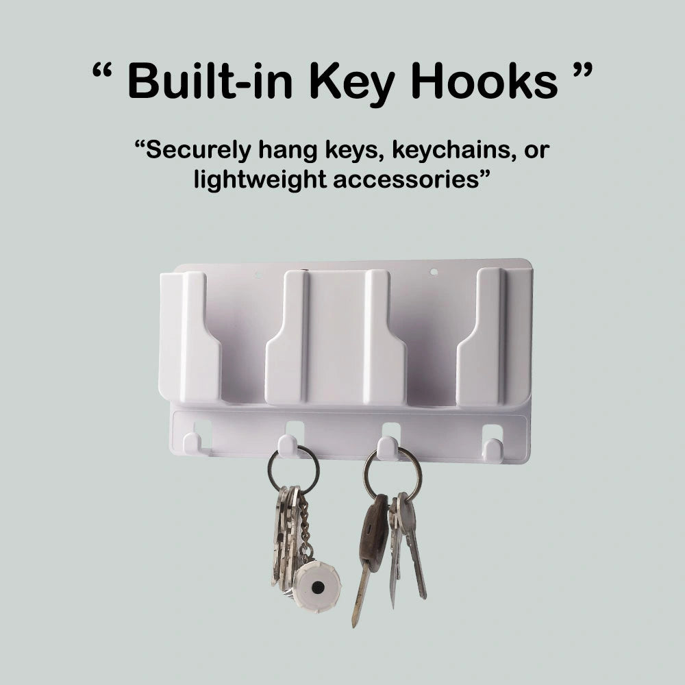 Wall Mounted Mobile Stand and Key Organizer – Dual Phone Holder with Hooks