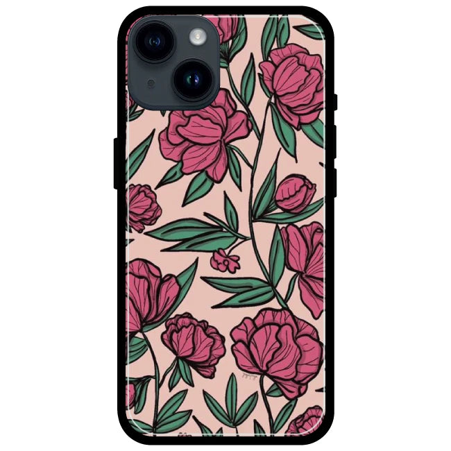 Pink Roses - Glossy Metal Silicone Case For Apple iPhone Models- Apple iPhone 15