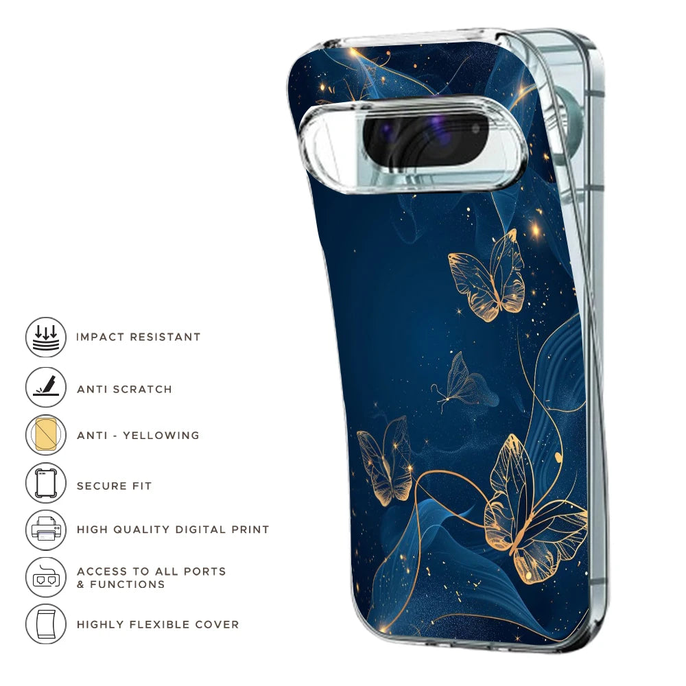 Blue With Gold Butterflies - Printed Silicone Case For Google Pixel Infographic