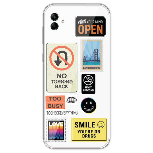 Retro Labels - Clear Printed Silicone Case For Samsung Galaxy A04