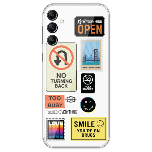 Retro Labels - Clear Printed Silicone Case For Samsung Galaxy A14