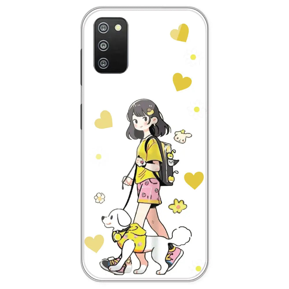 Yellow Girl And Dog - Clear Printed Silicone Case For Samsung Galaxy F02