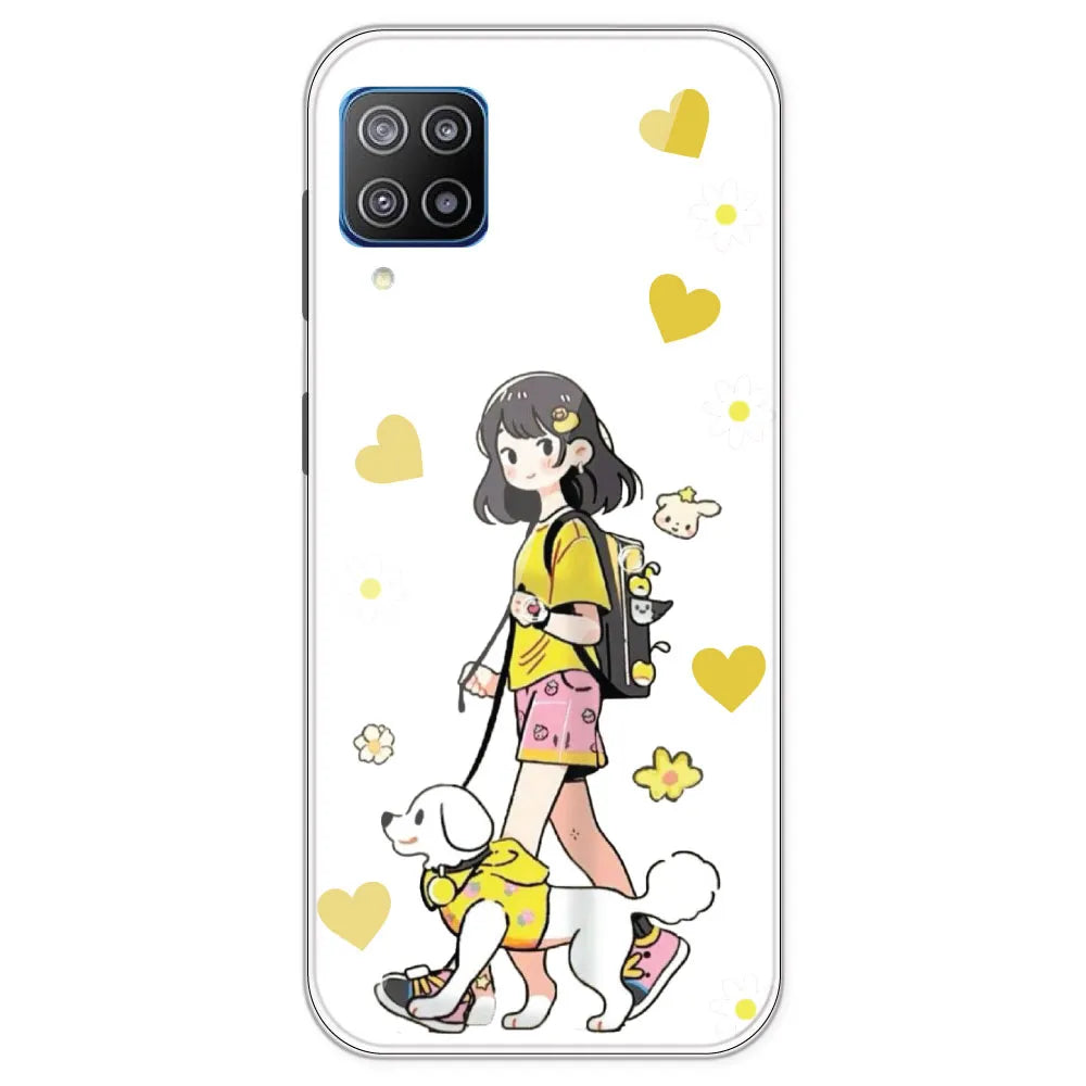 Yellow Girl And Dog - Clear Printed Silicone Case For Samsung Galaxy F12