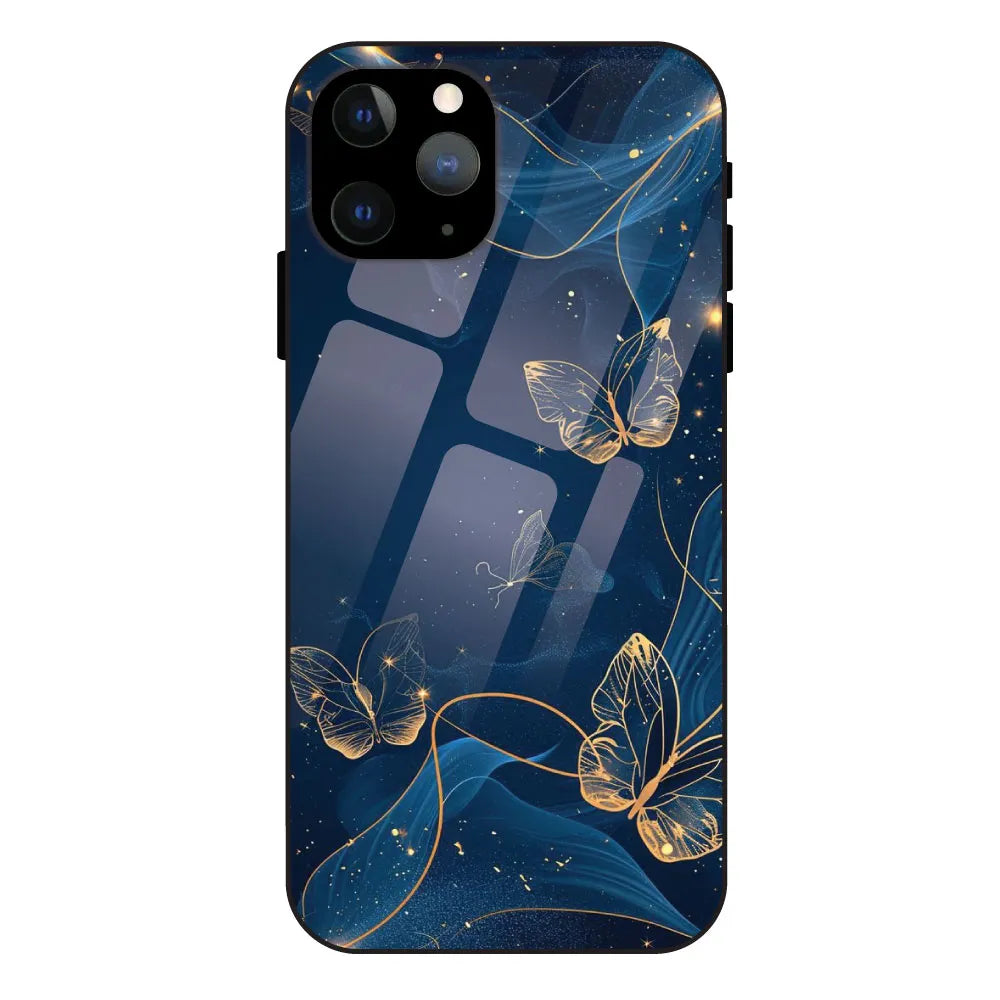 Blue With Gold Butterflies - Glossy Metal Silicone Case For Apple iPhone 11 Pro Max