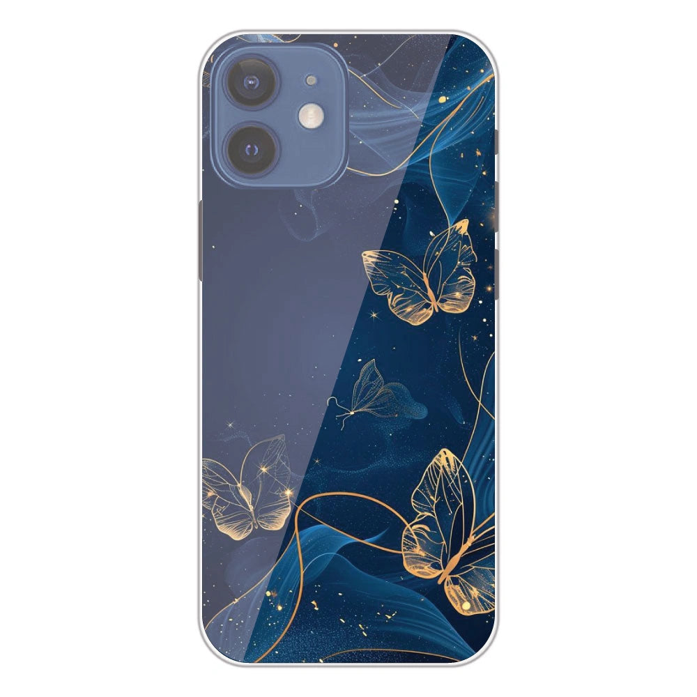 Blue With Gold Butterflies - Printed Silicone Case For Apple iPhone 12 Mini