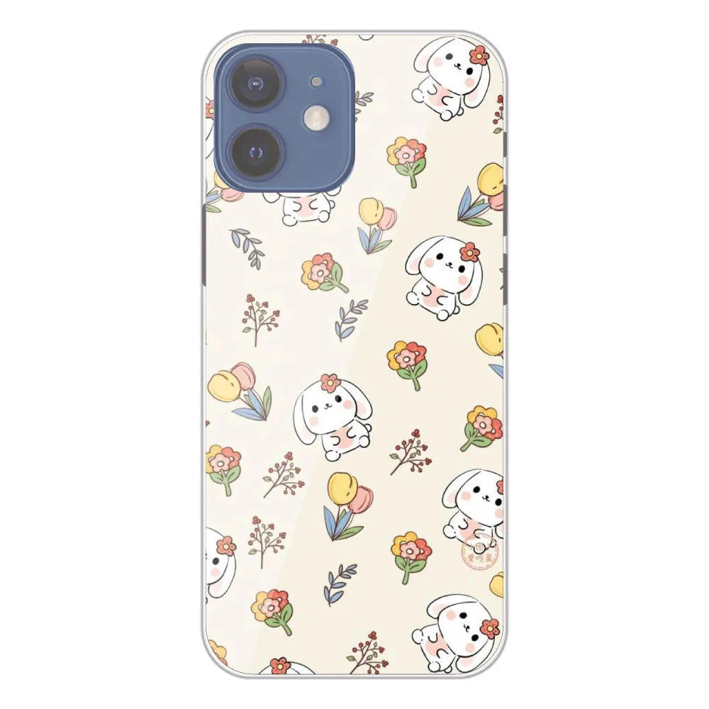 Cute Bunny & Flowers - Printed Silicone Case For Apple iPhone 12 Mini