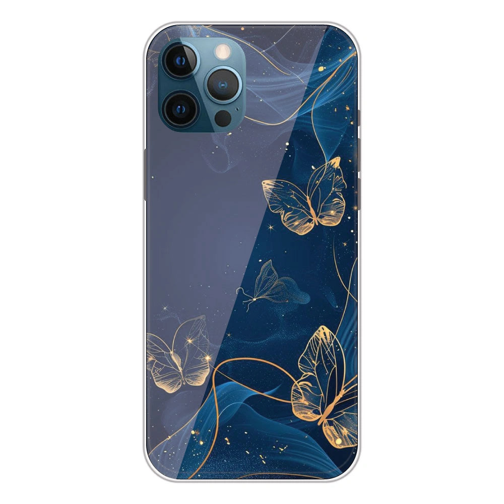 Blue With Gold Butterflies - Printed Silicone Case For Apple iPhone 12 Pro Max