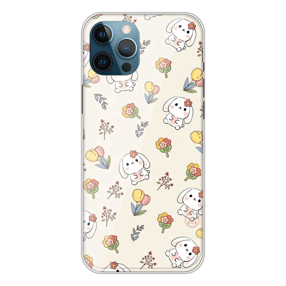 Cute Bunny & Flowers - Printed Silicone Case For Apple iPhone 12 Pro Max