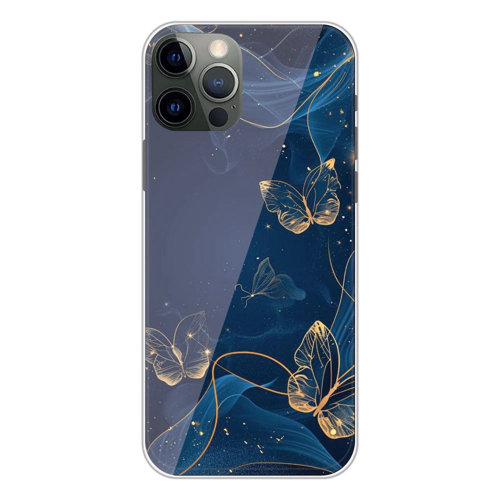Blue With Gold Butterflies - Printed Silicone Case For Apple iPhone 12 Pro