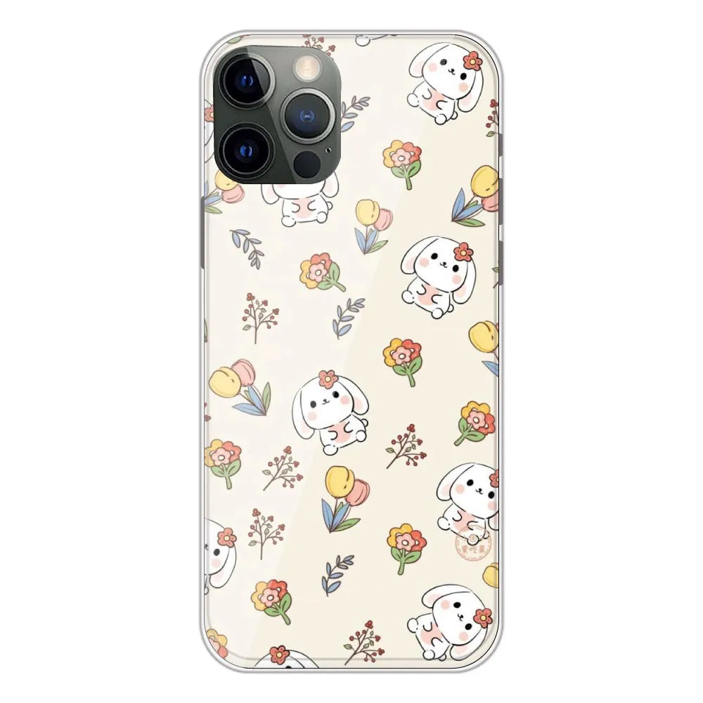 Cute Bunny & Flowers - Printed Silicone Case For Apple iPhone 12 Pro