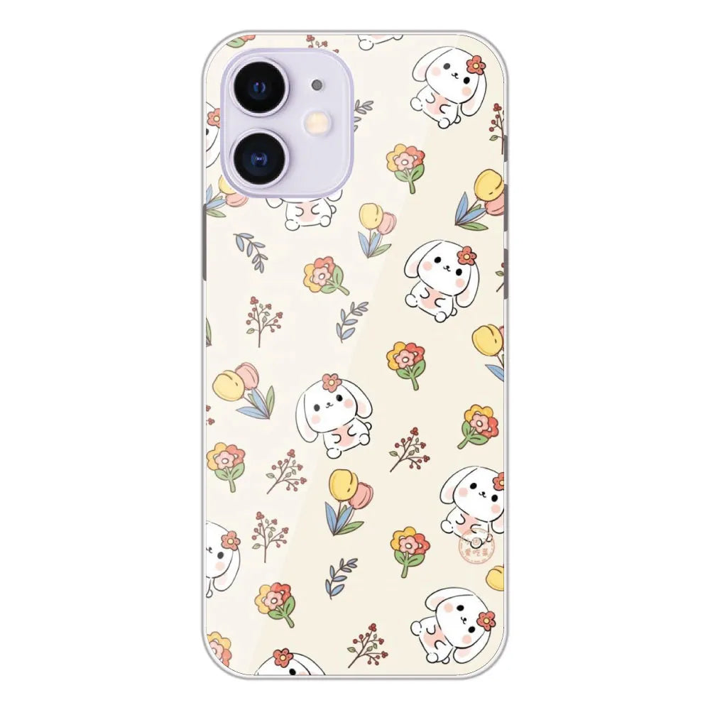 Cute Bunny & Flowers - Printed Silicone Case For Apple iPhone 12