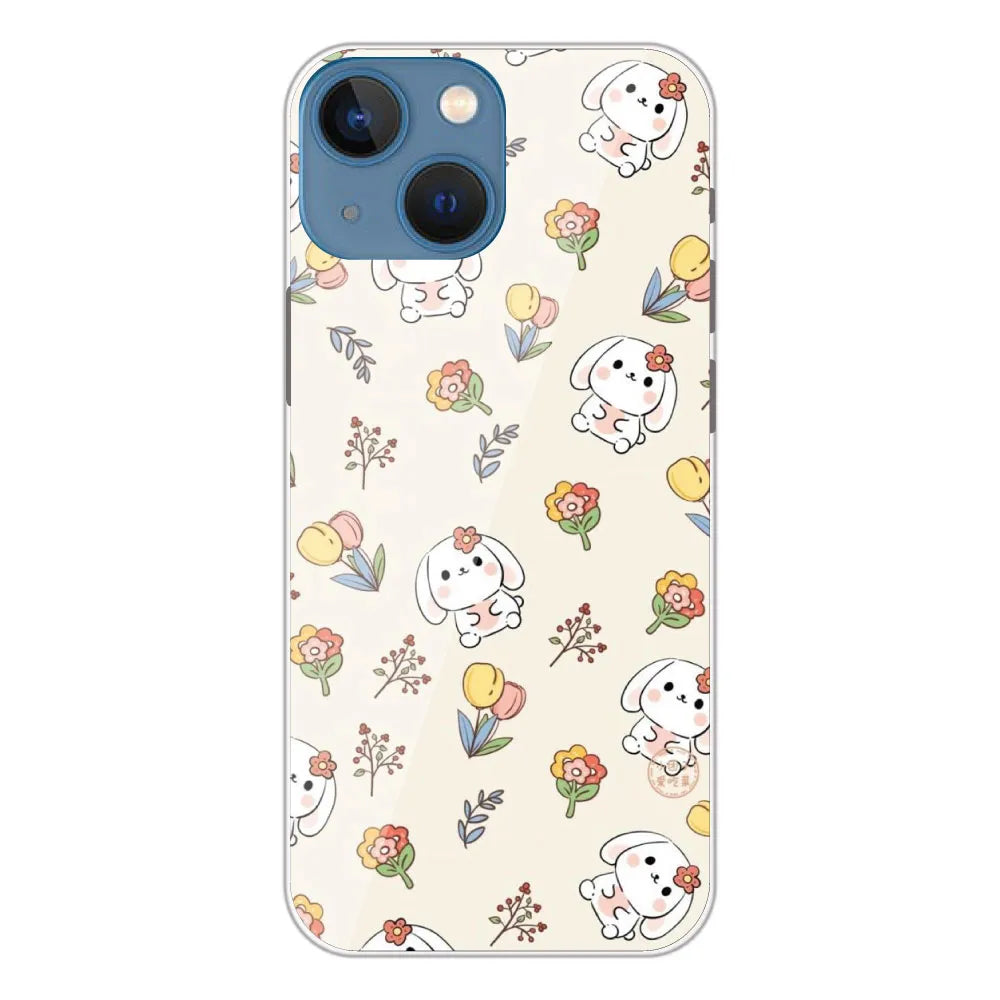 Cute Bunny & Flowers - Printed Silicone Case For Apple iPhone 13 Mini