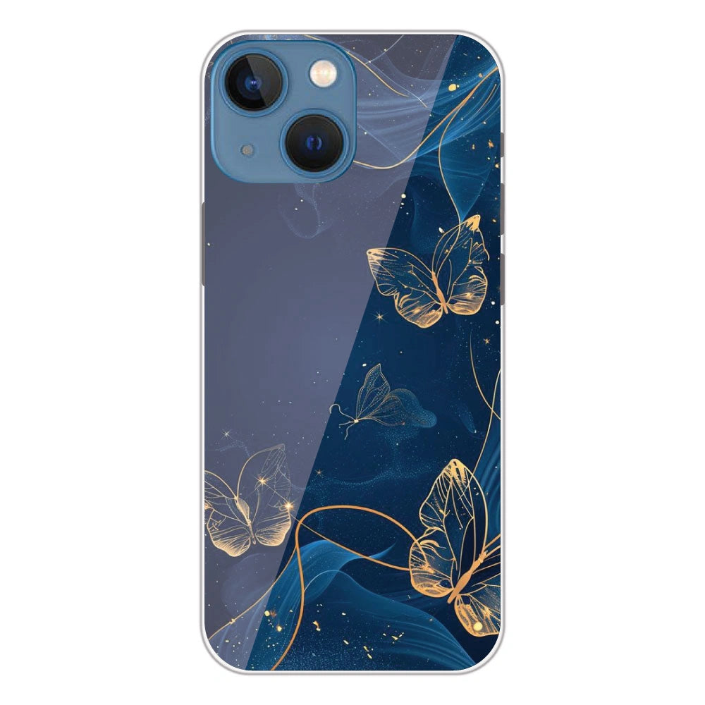 Blue With Gold Butterflies - Printed Silicone Case For Apple iPhone 13 Mini