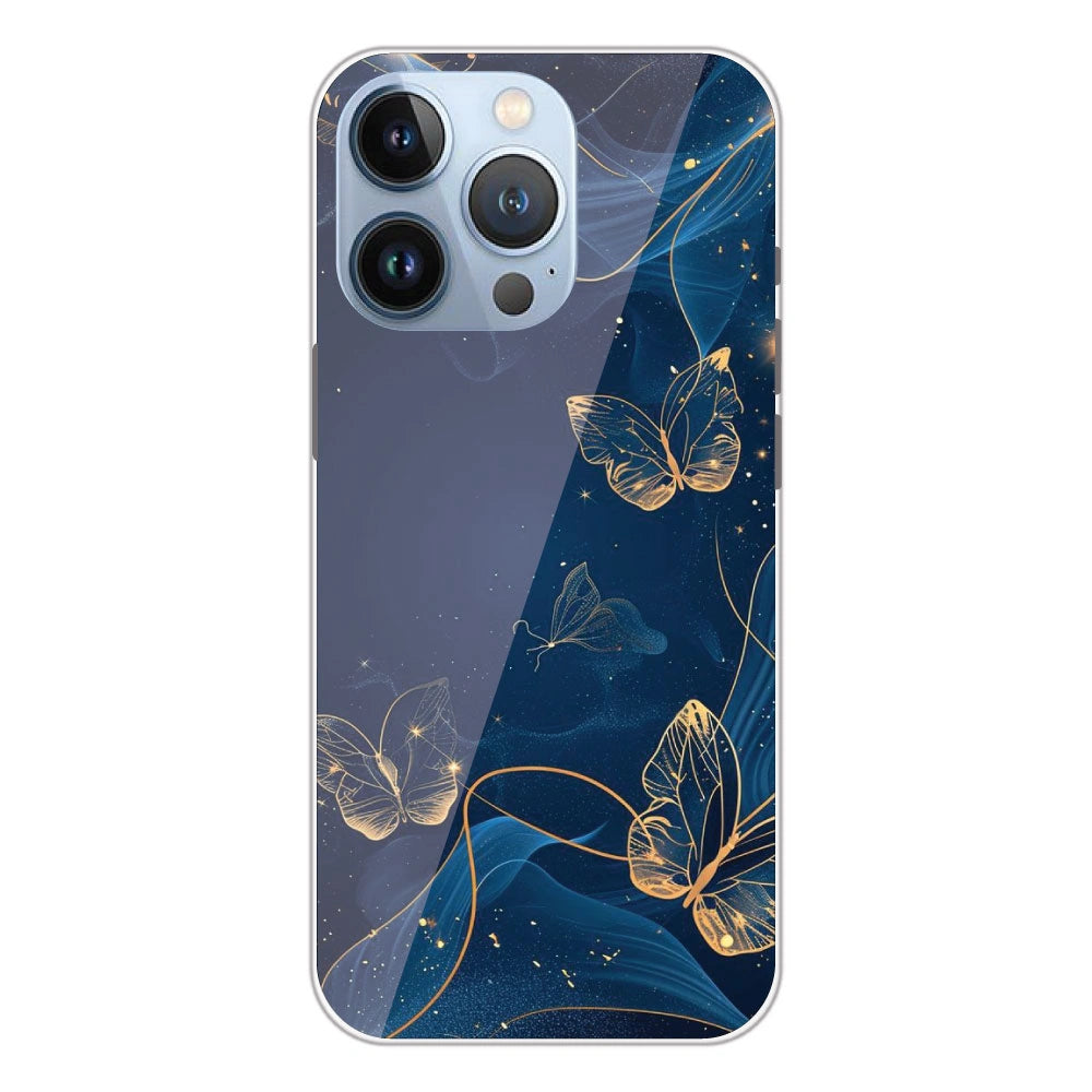 Blue With Gold Butterflies - Printed Silicone Case For Apple iPhone 13 Pro Max