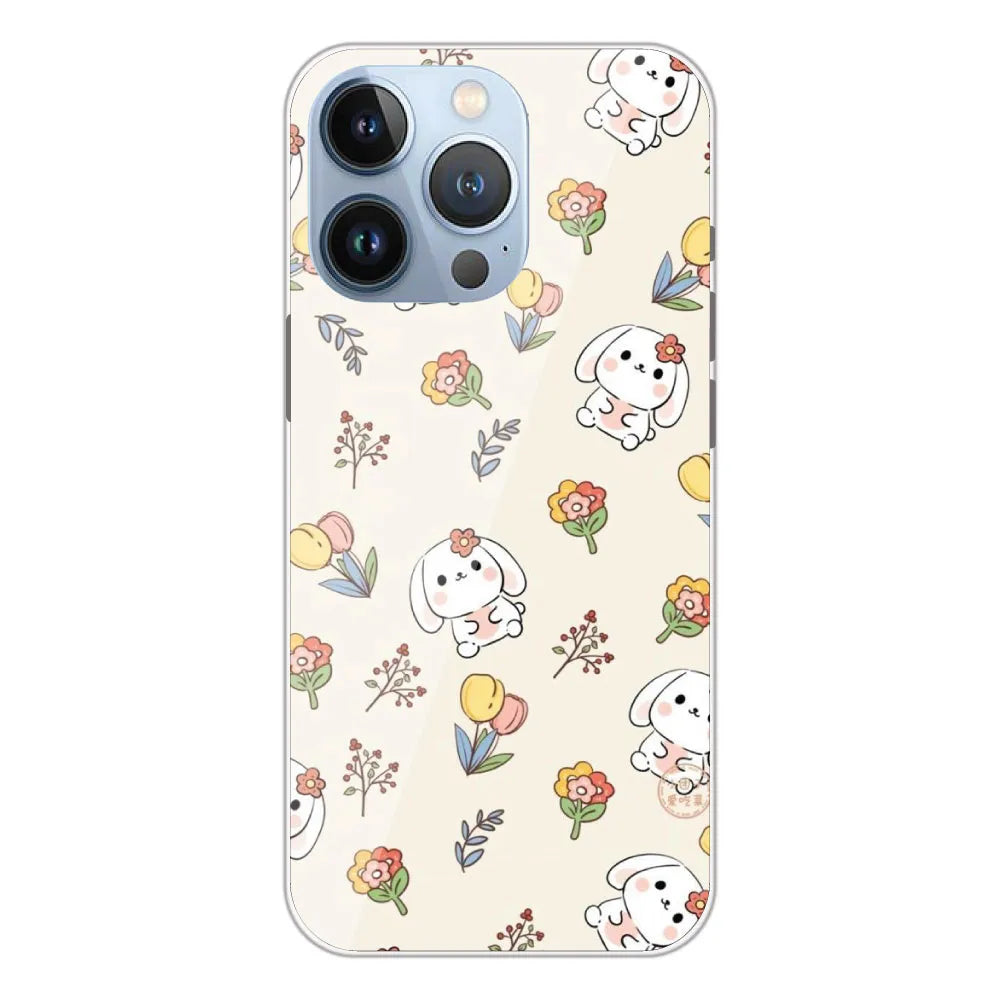 Cute Bunny & Flowers - Printed Silicone Case For Apple iPhone 13 Pro Max
