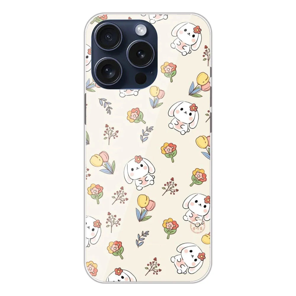 Cute Bunny & Flowers - Printed Silicone Case For Apple iPhone 13 Pro