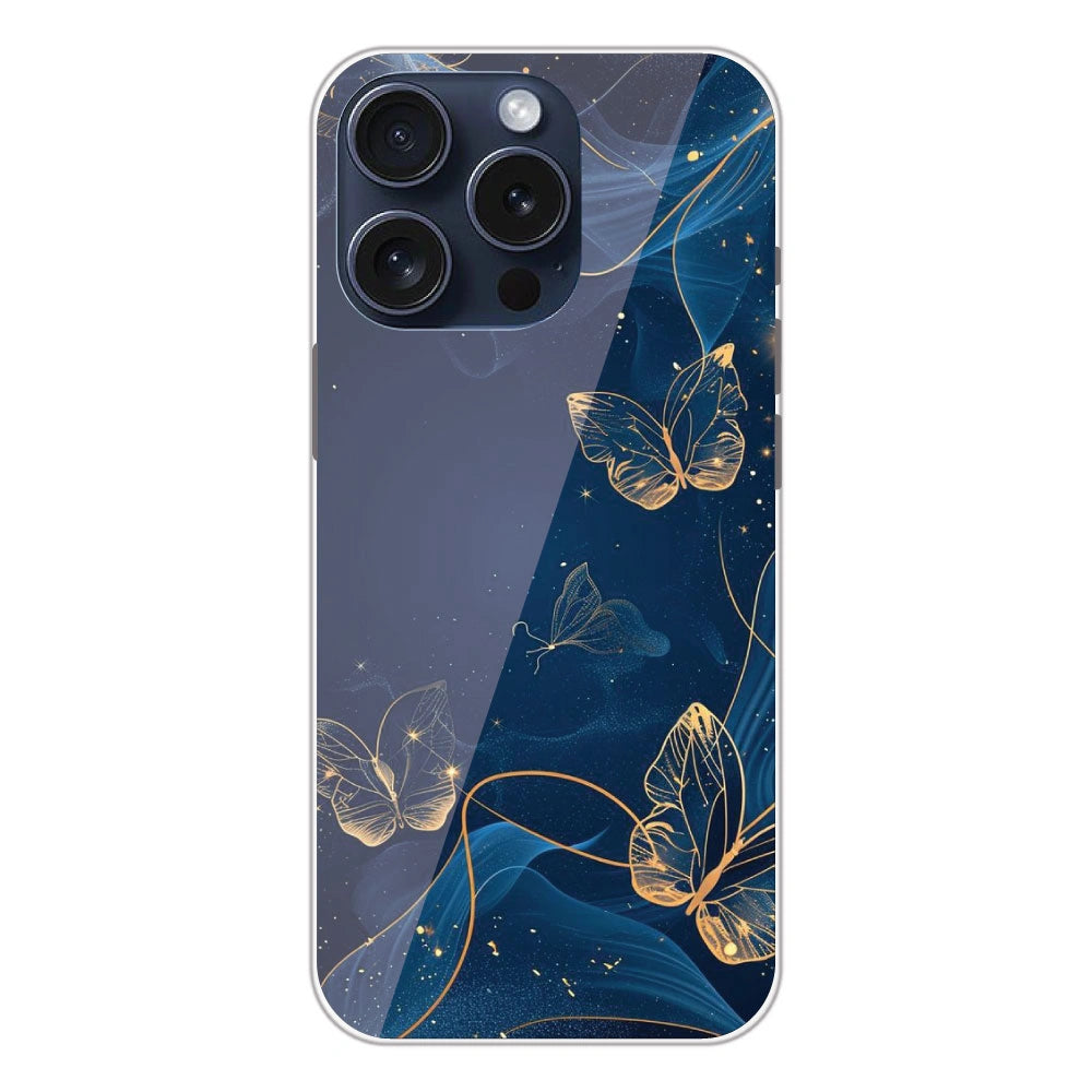 Blue With Gold Butterflies - Printed Silicone Case For Apple iPhone 13 Pro