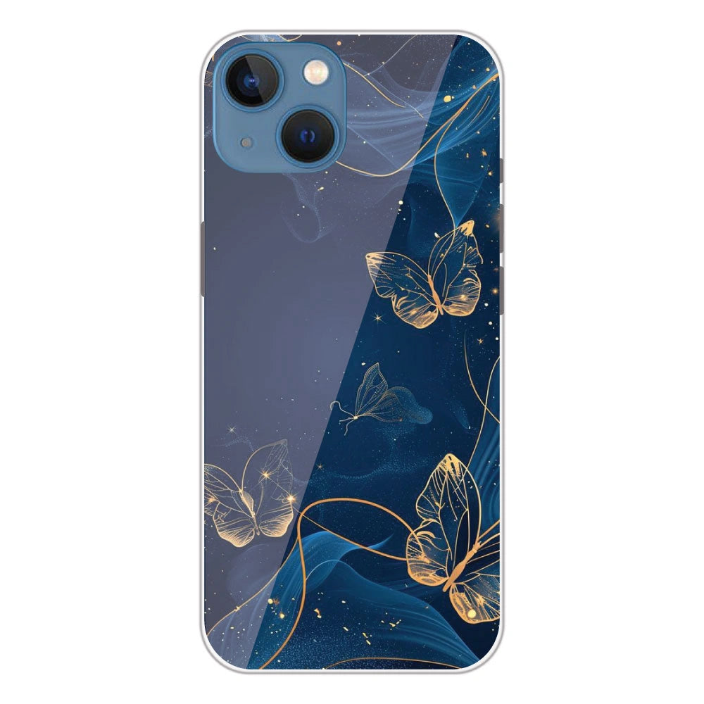 Blue With Gold Butterflies - Printed Silicone Case For Apple iPhone 13