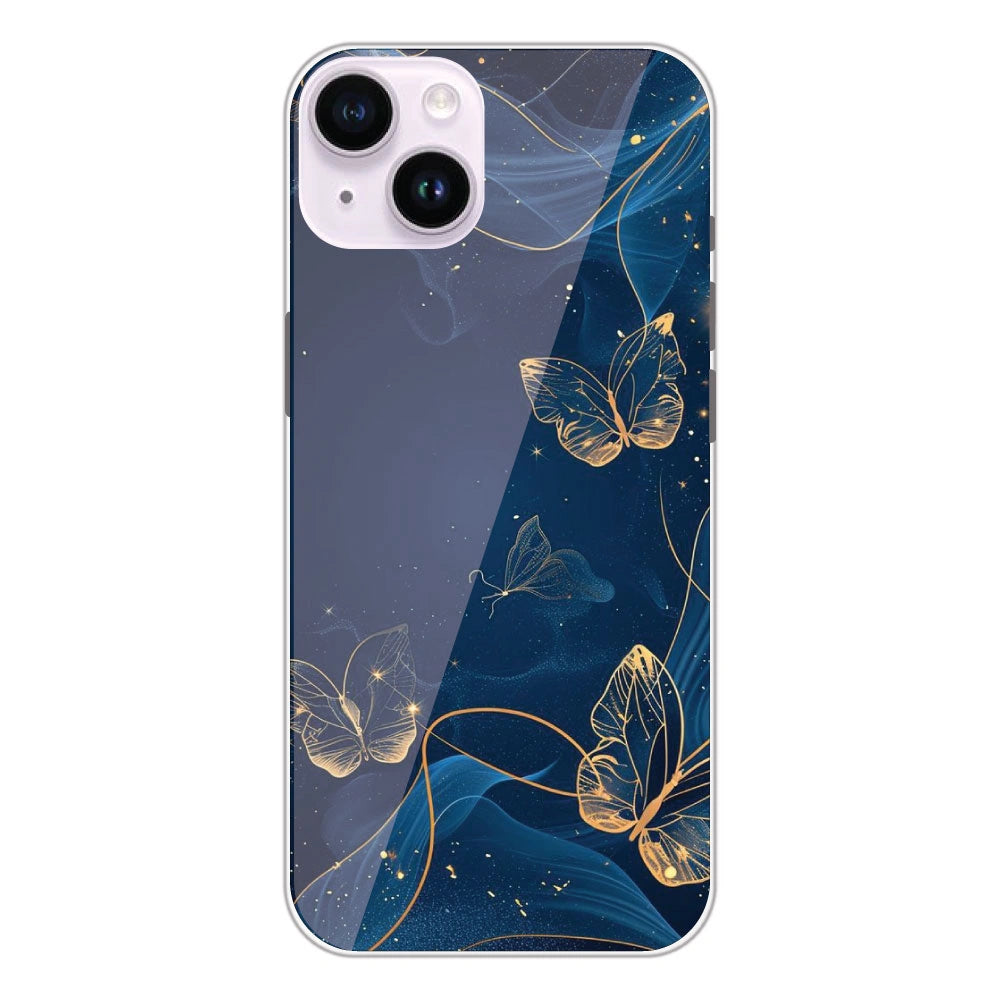 Blue With Gold Butterflies - Printed Silicone Case For Apple iPhone 14 Plus