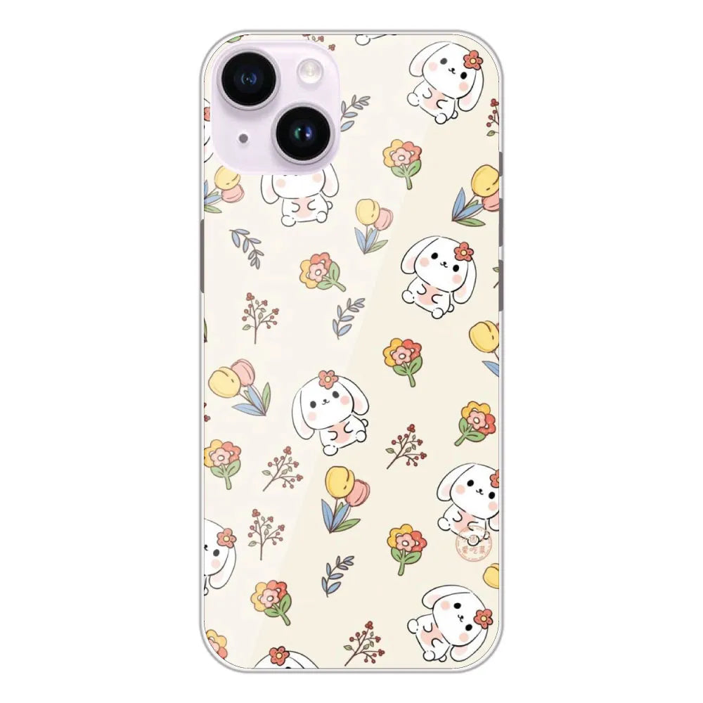 Cute Bunny & Flowers - Printed Silicone Case For Apple iPhone 14 Plus