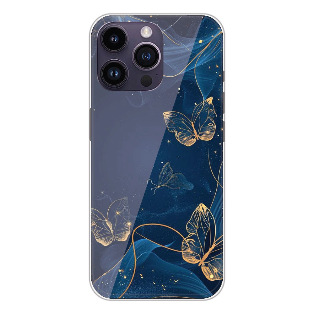Blue With Gold Butterflies - Printed Silicone Case For Apple iPhone 14 Pro Max