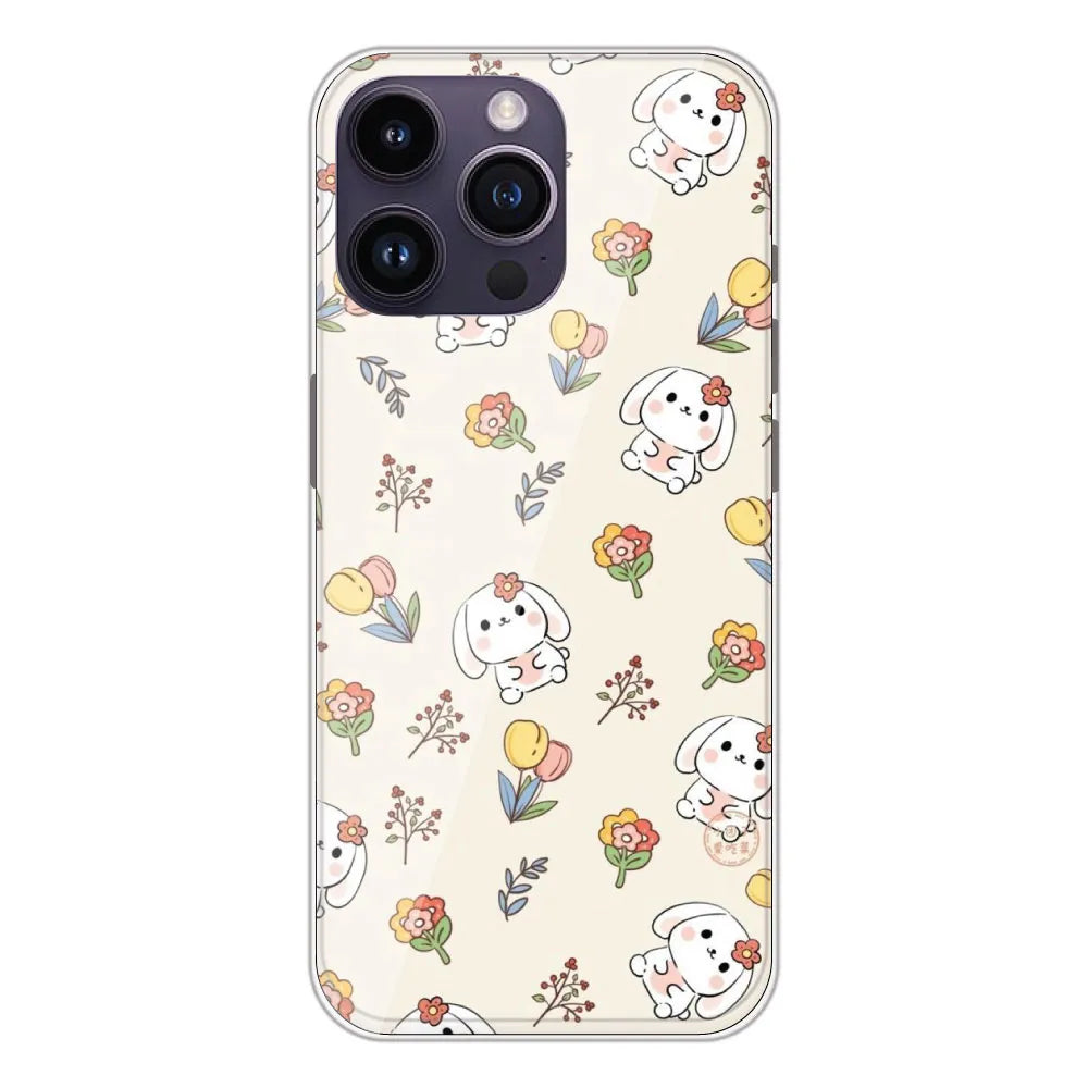 Cute Bunny & Flowers - Printed Silicone Case For Apple iPhone 14 Pro Max