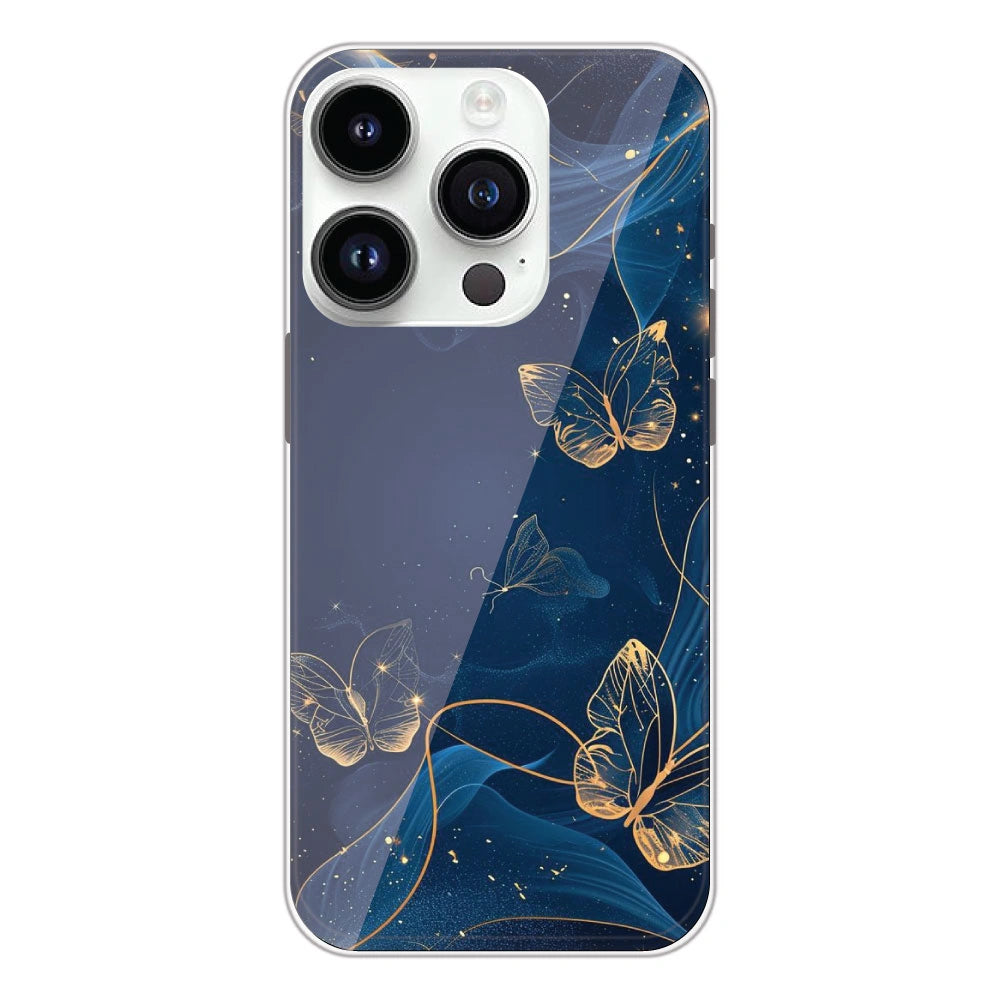 Blue With Gold Butterflies - Printed Silicone Case For Apple iPhone 14 Pro