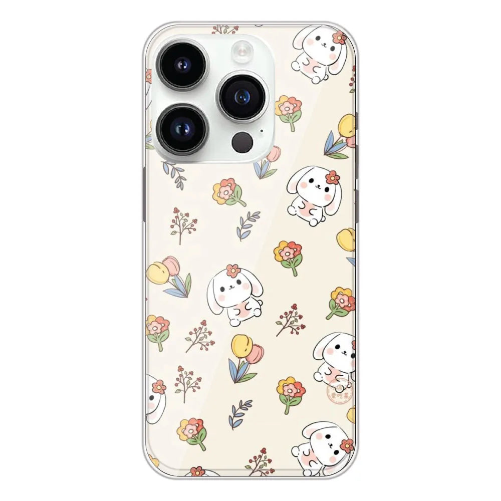 Cute Bunny & Flowers - Printed Silicone Case For Apple iPhone 14 Pro