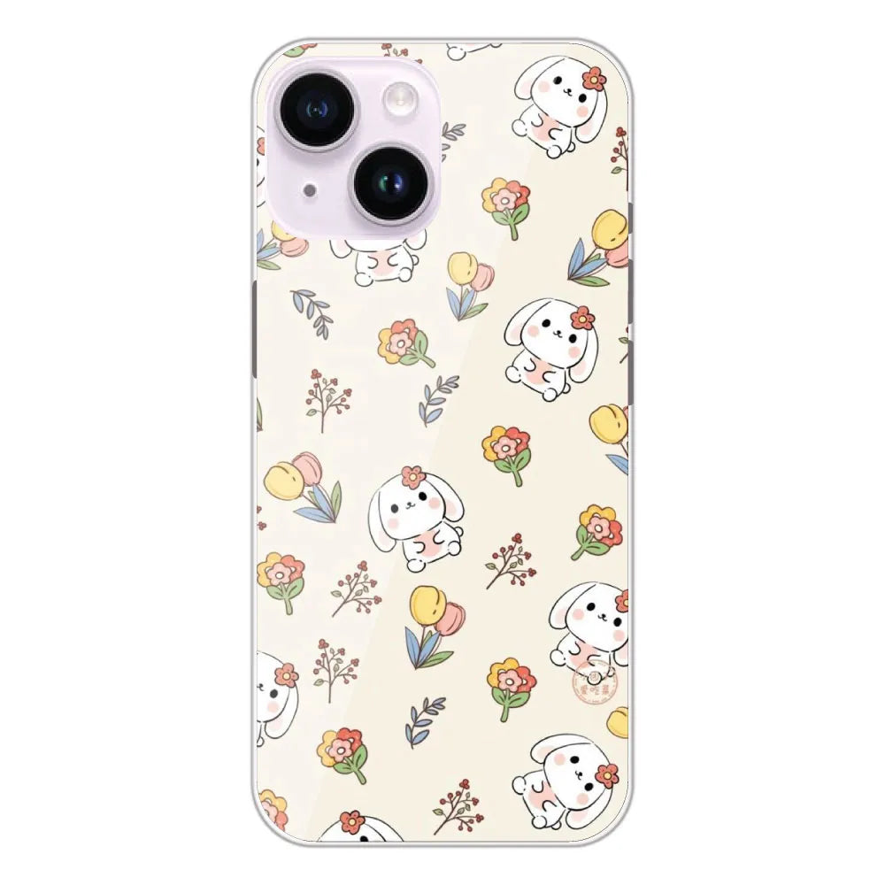 Cute Bunny & Flowers - Printed Silicone Case For Apple iPhone 14