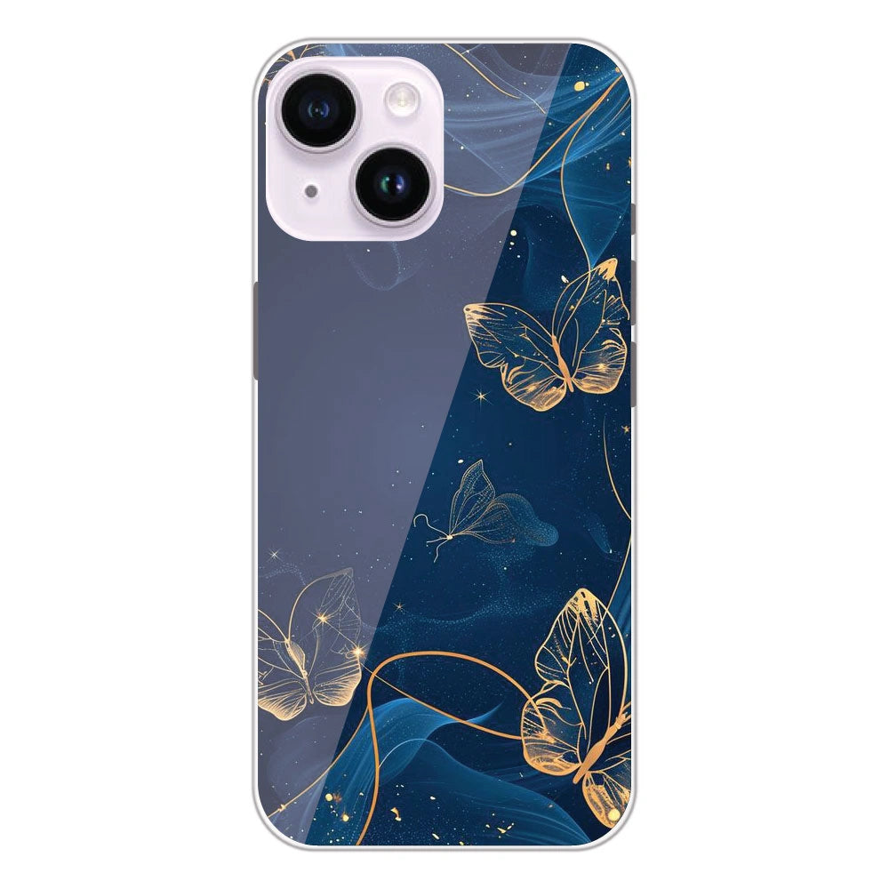 Blue With Gold Butterflies - Printed Silicone Case For Apple iPhone 14