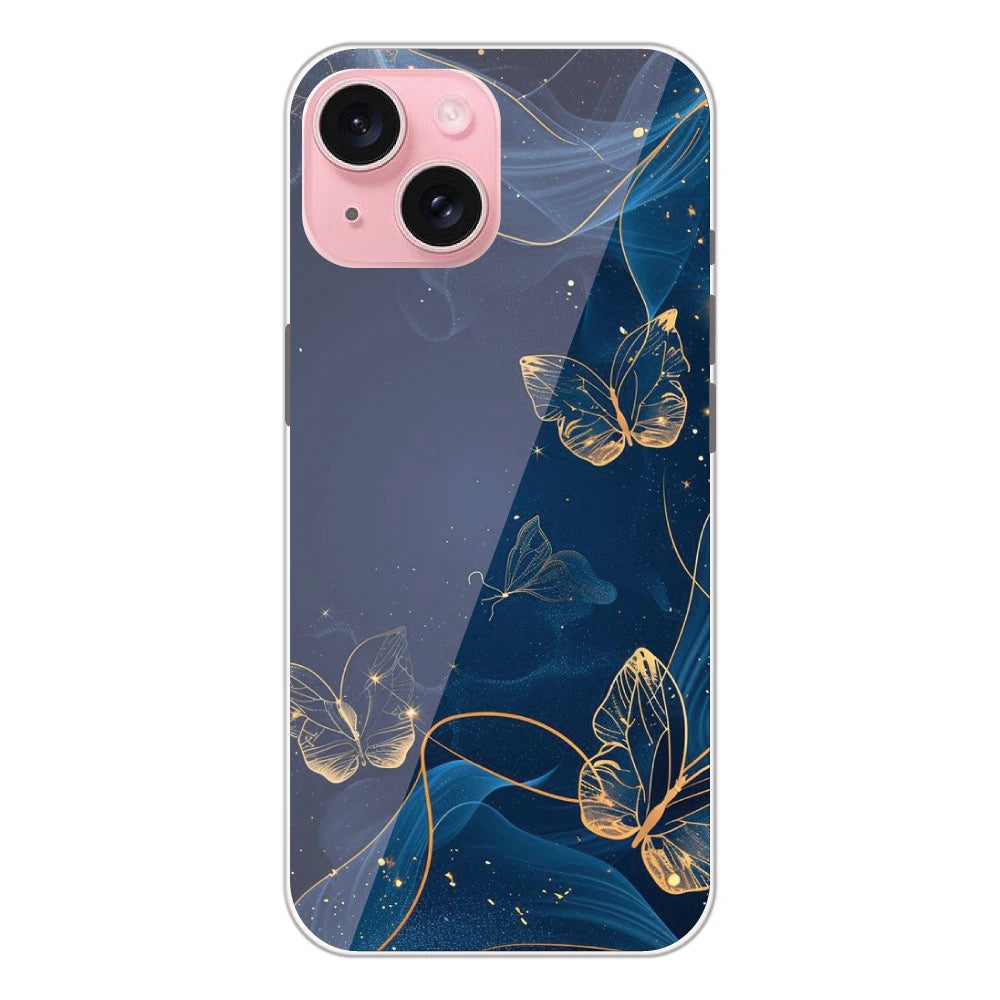 Blue With Gold Butterflies - Printed Silicone Case For Apple iPhone 15 Plus