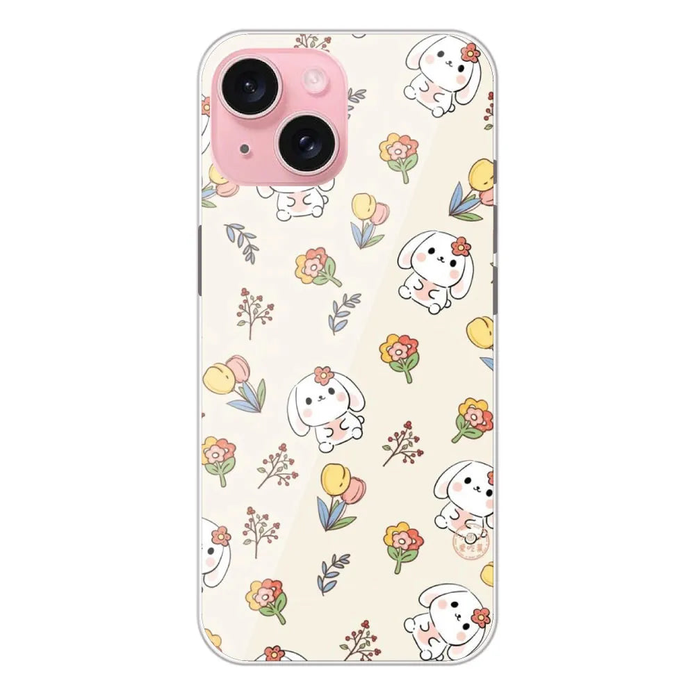 Cute Bunny & Flowers - Printed Silicone Case For Apple iPhone 15 Plus