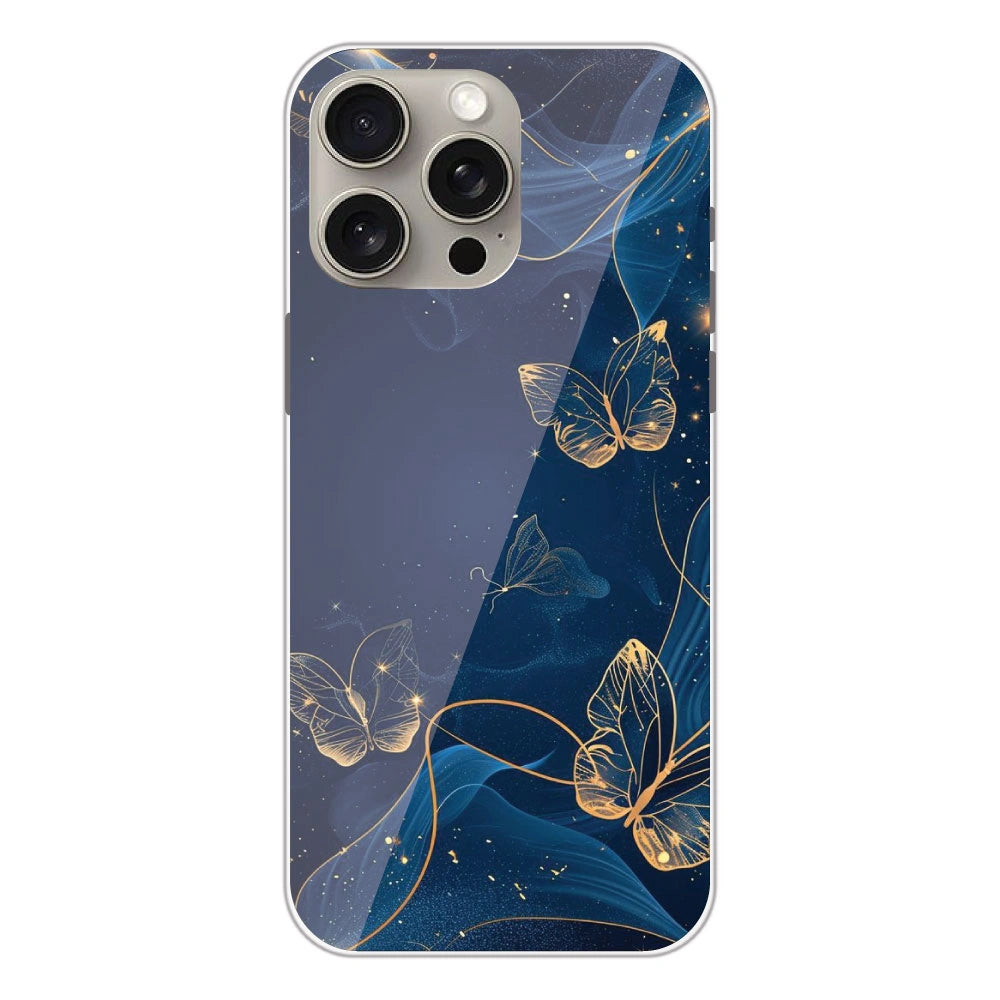 Blue With Gold Butterflies - Printed Silicone Case For Apple iPhone 15 Pro Max