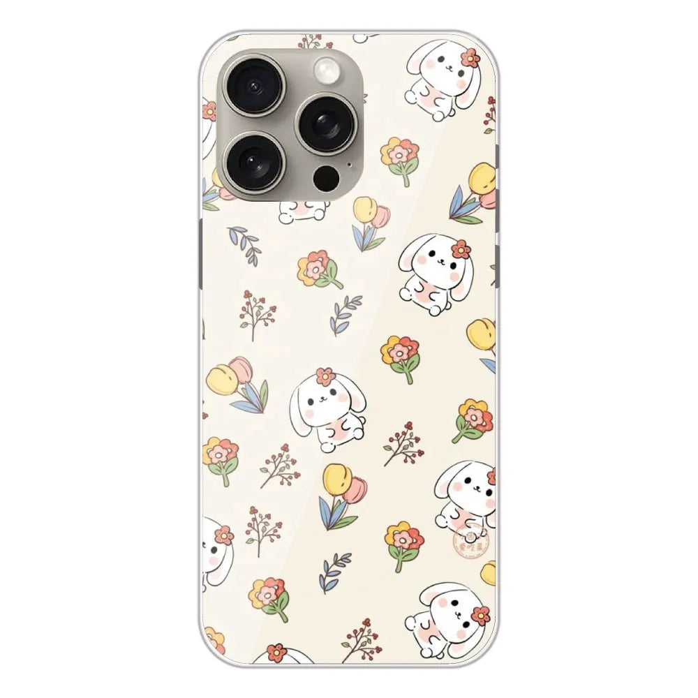 Cute Bunny & Flowers - Printed Silicone Case For Apple iPhone 15 Pro Max
