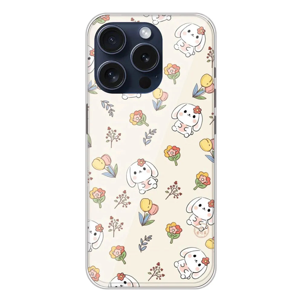 Cute Bunny & Flowers - Printed Silicone Case For Apple iPhone 15 Pro