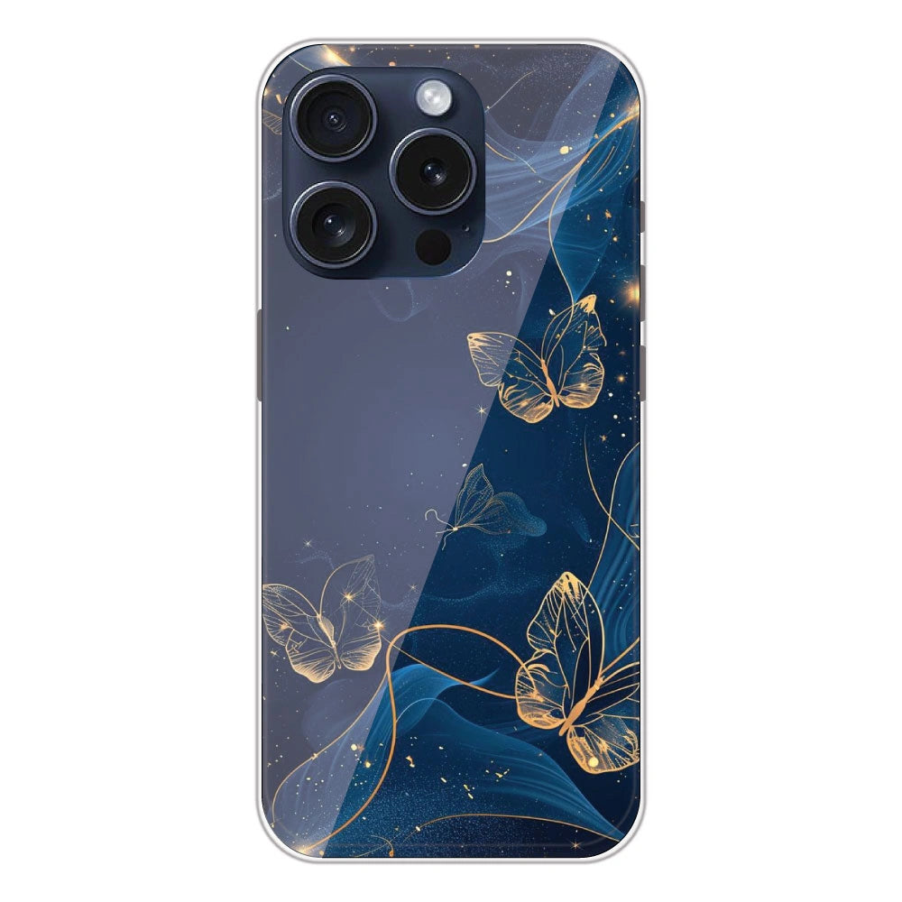 Blue With Gold Butterflies - Printed Silicone Case For Apple iPhone 15 Pro