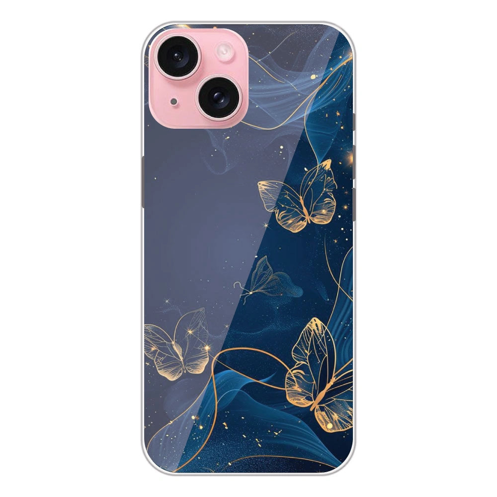 Blue With Gold Butterflies - Printed Silicone Case For Apple iPhone 15