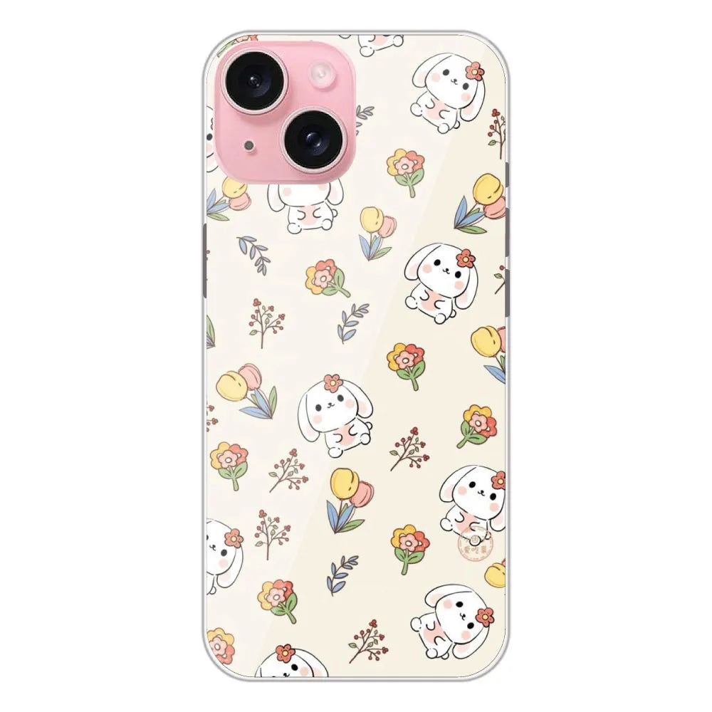 Cute Bunny & Flowers - Printed Silicone Case For Apple iPhone 15