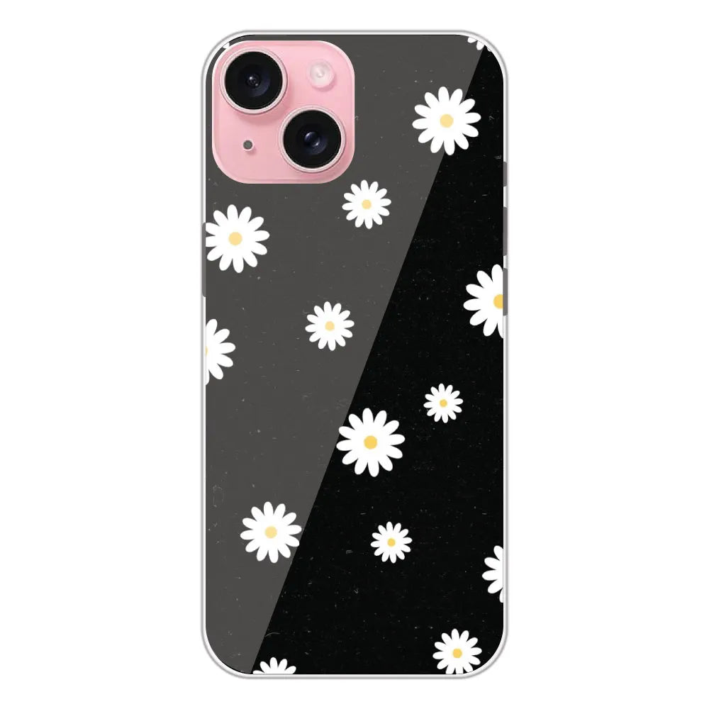 White And Black Flower - Printed Silicone Case For Apple iPhone 15