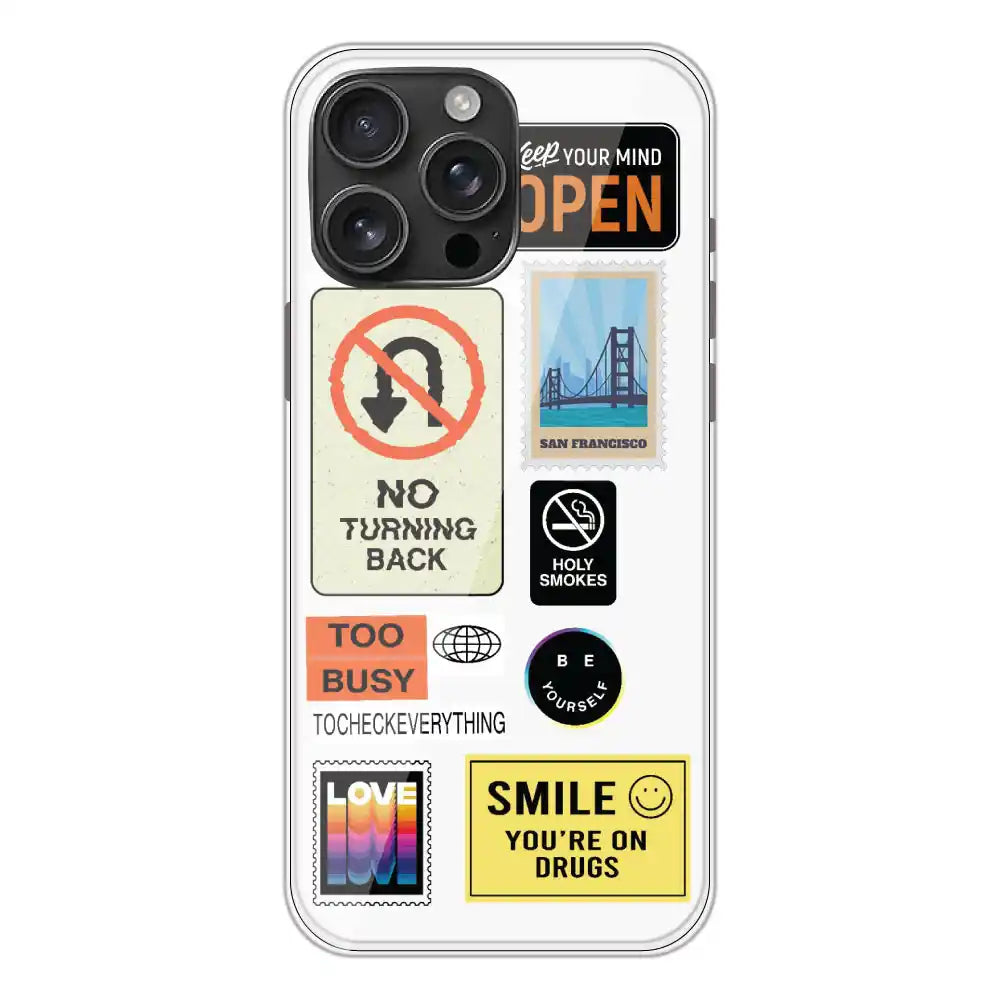 Retro Labels - Clear Printed Silicone Case For Apple iPhone 16 Pro Max