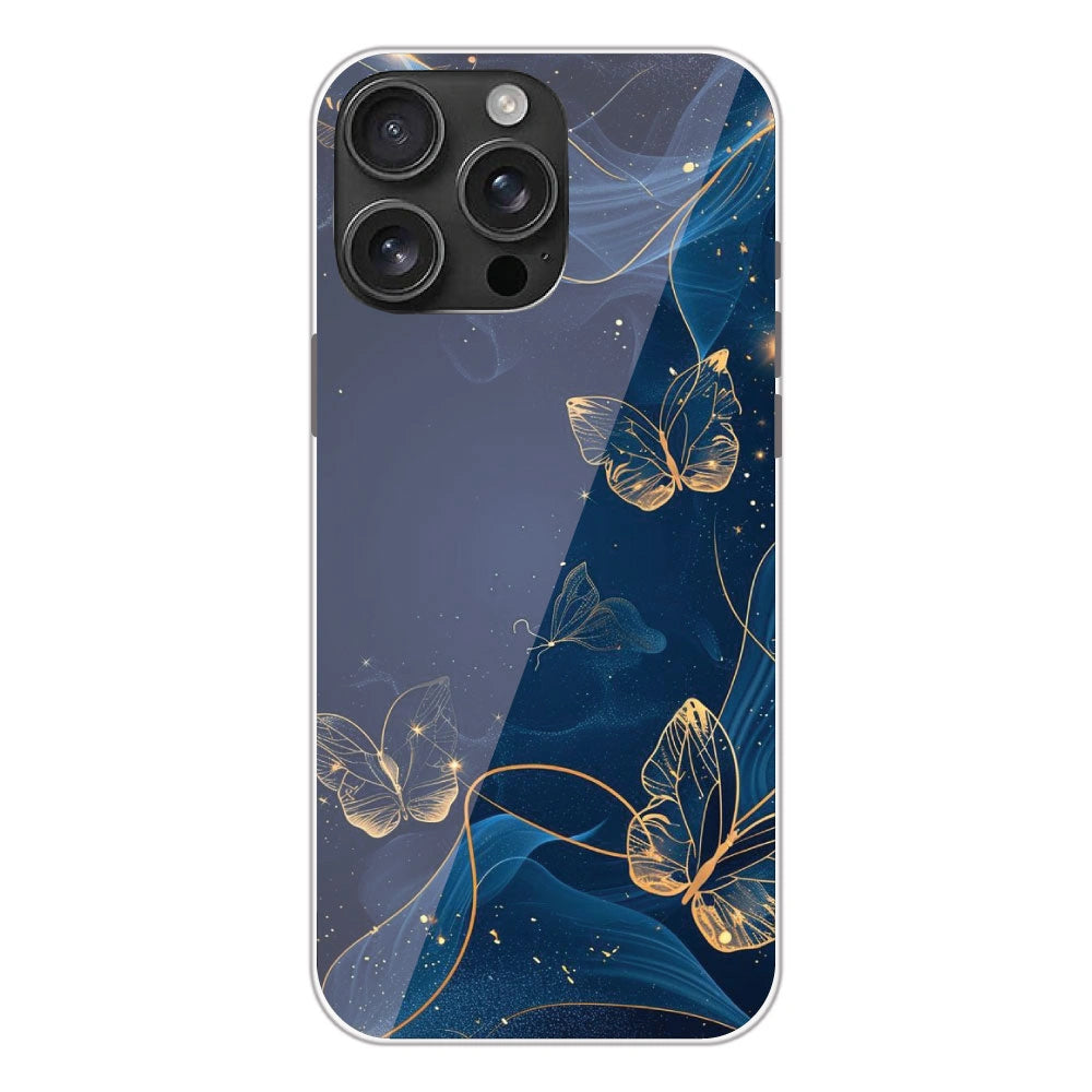 Blue With Gold Butterflies - Printed Silicone Case For Apple iPhone 16 Pro Max
