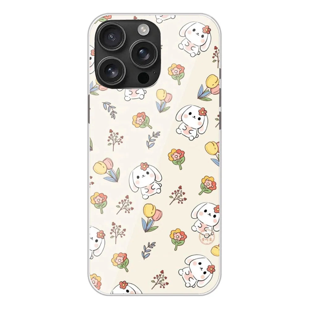 Cute Bunny & Flowers - Printed Silicone Case For Apple iPhone 16 Pro Max