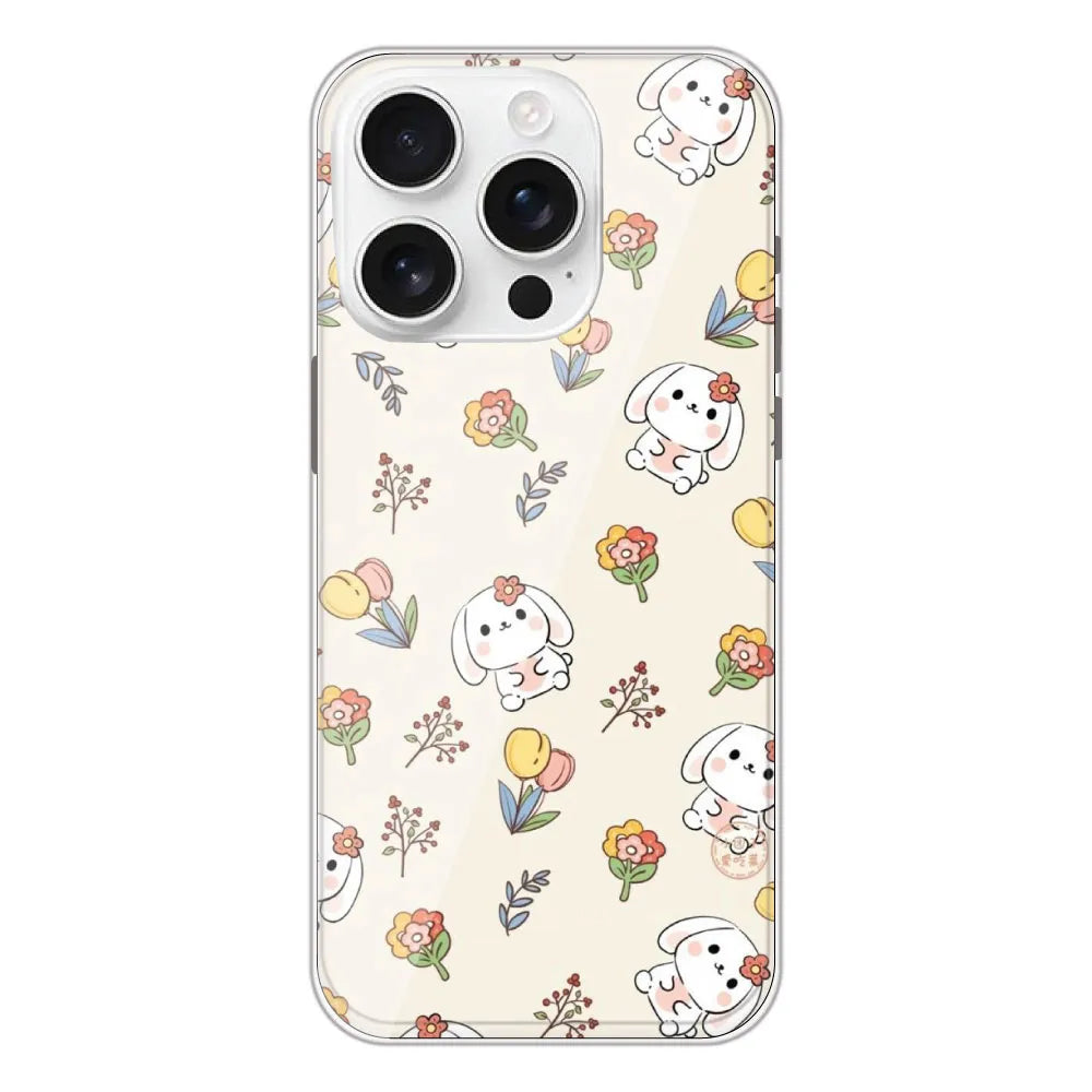 Cute Bunny & Flowers - Printed Silicone Case For Apple iPhone 16 Pro