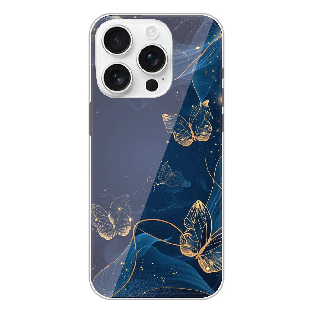 Blue With Gold Butterflies - Printed Silicone Case For Apple iPhone 16 Pro