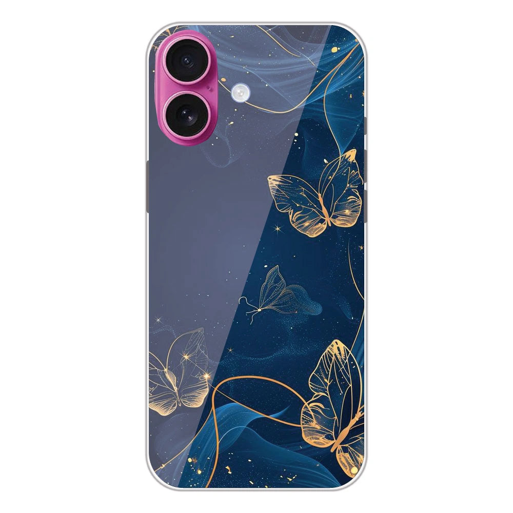 Blue With Gold Butterflies - Printed Silicone Case For Apple iPhone 16 Plus