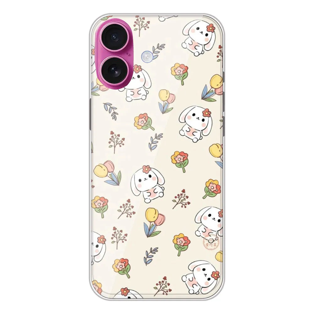 Cute Bunny & Flowers - Printed Silicone Case For Apple iPhone 16 Plus