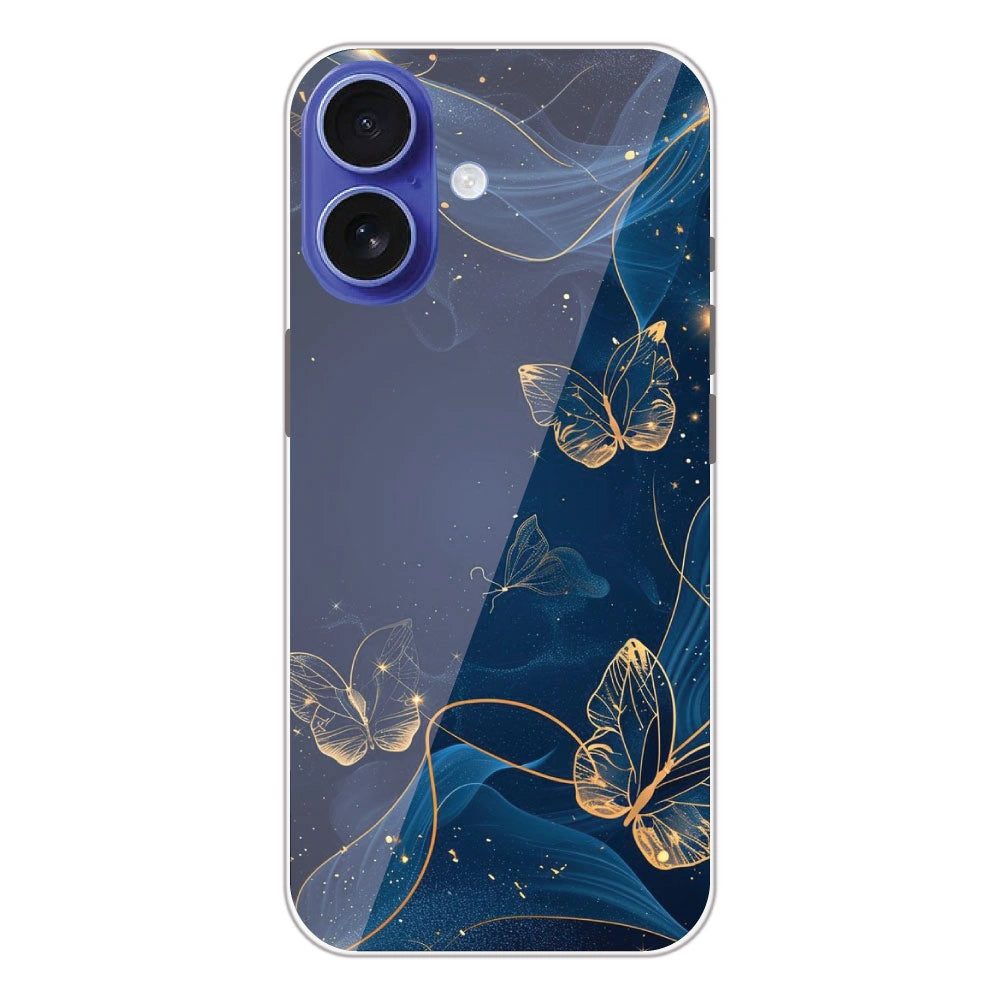 Blue With Gold Butterflies - Printed Silicone Case For Apple iPhone 16