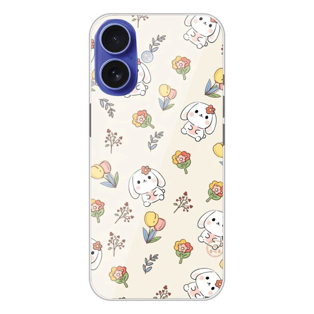 Cute Bunny & Flowers - Printed Silicone Case For Apple iPhone 16