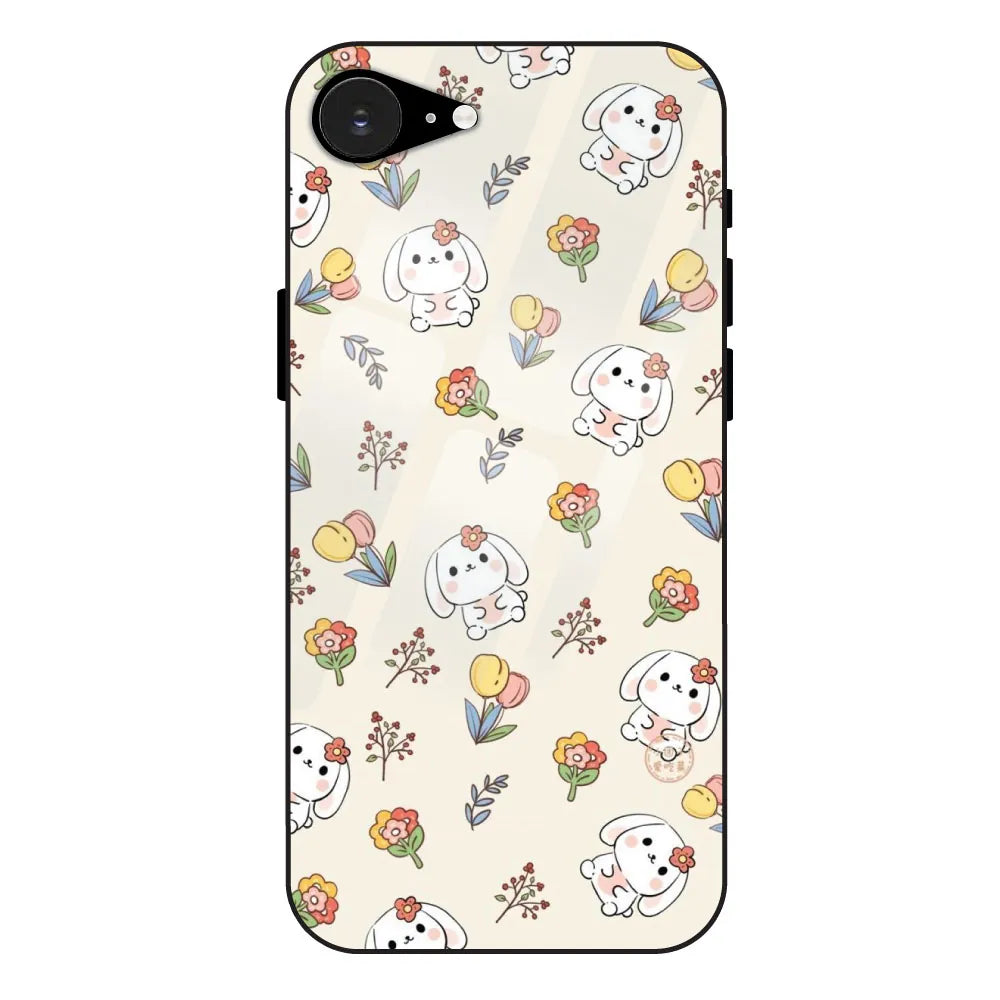 Cute Bunny & Flowers - Glossy Metal Silicone Case For Apple iPhone 16E