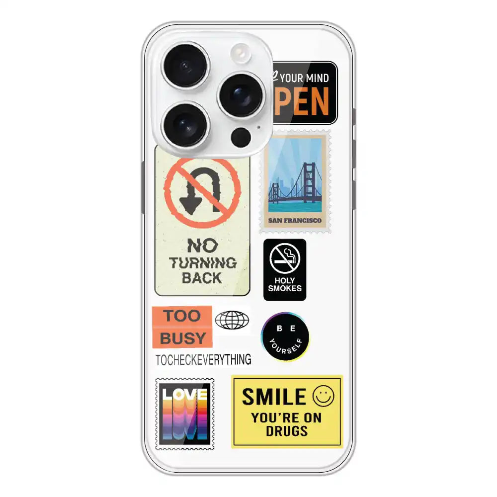 Retro Labels - Clear Printed Silicone Case For Apple iPhone 16 Pro